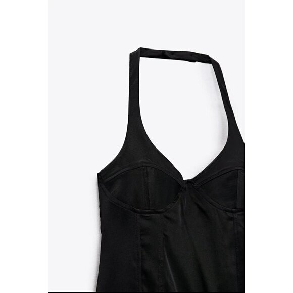 Zara Satin Bustier Mini Dress LARGE Black Lingerie Style open back Seamed NEW - Picture 10 of 16